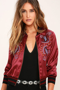 More is Amore Burgundy Embroidered Bomber Jacket