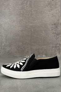 Seychelles Sunshine Black Canvas Embroidered Slip-On Sneakers