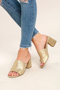 Seychelles Commute Gold Suede Leather Peep-Toe Mules