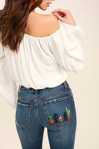 Cacti On You Medium Wash Embroidered Skinny Jeans