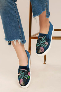 Dirty Laundry Jiana Blue Velvet Embroidered Slip-On Sneakers