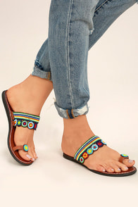 Mia Athens Brown Bright Multi Beaded Flat Sandals