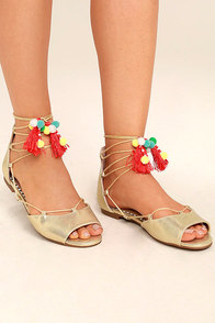 Betsey Johnson Abree Gold Lace-Up Pompom Sandals