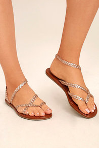 Mia Braid Rose Gold Leather Thong Sandals
