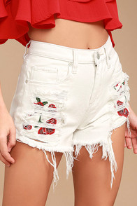 Blank NYC Pin-Up High Rise White Embroidered Distressed Shorts