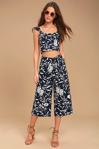 J.O.A. Maylee Navy Blue Floral Print Culottes