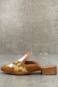 Matisse Bianca Tan Embroidered Suede Leather Loafer Slides