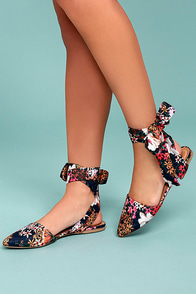 Faye Navy Floral Print Lace-Up Flats