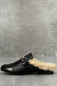 Steve Madden Jill Black Leather Faux Fur Loafer Slides
