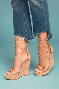 Macy Nude Suede Lace-Up Wedges