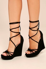 Macy Black Suede Lace-Up Wedges