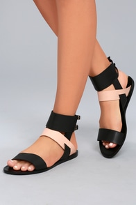 KAANAS  Prainha Black Leather Ankle Strap Sandals