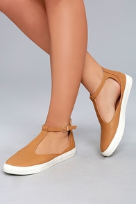 Gemma Camel T-Strap Sneakers