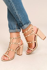 Camila Nude Patent Studded Ankle Strap Heels