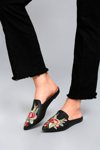 Ayla Black Embroidered Loafer Slides