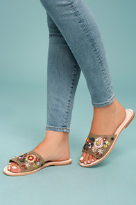 Seychelles Under Control Tan Leather Embroidered Slide Sandals