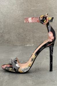 Philomena Black Floral Satin Brocade Ankle Strap Heels