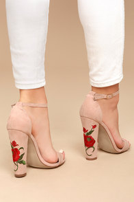 Adela Nude Suede Embroidered Ankle Strap Heels