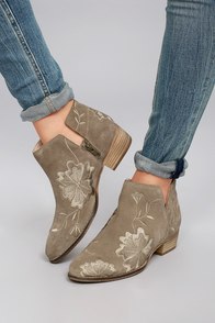 Seychelles Lantern Taupe Suede Leather Embroidered Ankle Booties