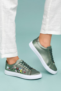 Callie Khaki Green Satin Embroidered Sneakers