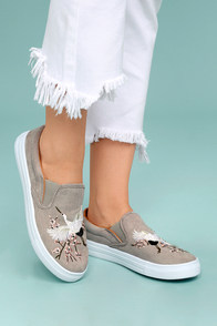 Raya Light Grey Suede Embroidered Slip-On Sneakers