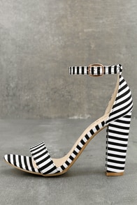 Veda Black and White Striped Ankle Strap Heels