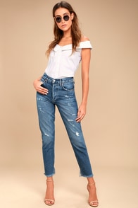 AGOLDE Jamie High Rise Medium Wash Distressed Cropped Jeans