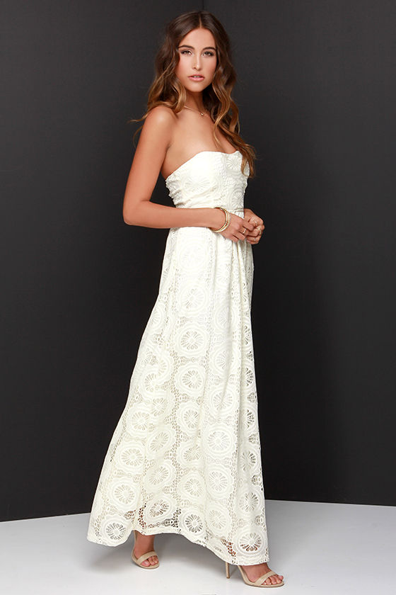 No Less Than Flawless Strapless Cream Lace Maxi Dress at Lulus.com!