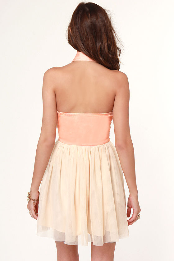 Cute Peach Dress Halter Dress Cream Dress 39.00