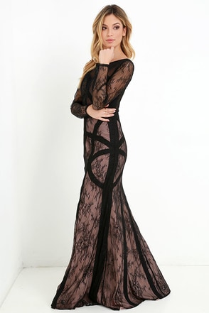 Bariano Right as Reign Beige and Black Lace Maxi Dress