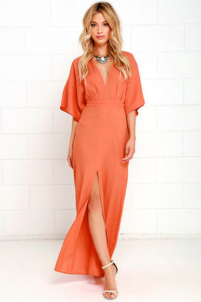 Coral Orange Dress - Maxi Dress - Short Sleeve Dress - $72.00