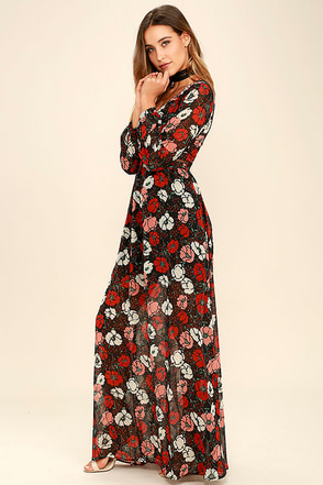 Black and Red Floral Print Dress - Maxi Dress - Long Sleeve Dress - $68.00