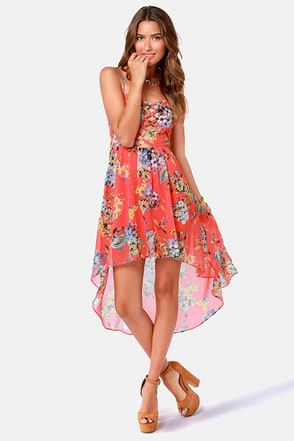 Pretty Floral Print Dress - High-Low Dress - Coral Dress - $43.00