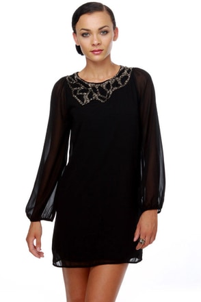 Lovely Beaded Dress - Black Dress - Long Sleeve Dress - $48.00