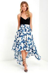 Tropical Getaway Blue and Ivory Floral Print High-Low Skirt at Lulus.com!