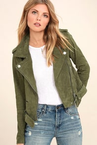 Blank NYC Backhanded Olive Green Suede Leather Moto Jacket