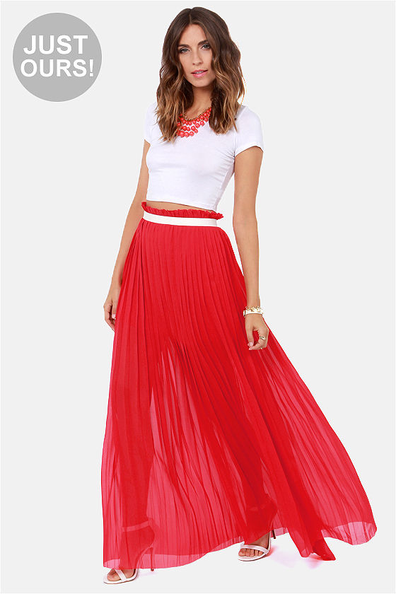 Stylish Red Skirt - Maxi Skirt - Pleated Skirt - $49.00