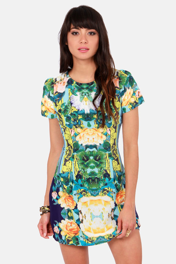 Pretty Floral Print Dress - Short Sleeve Dress - $53.00