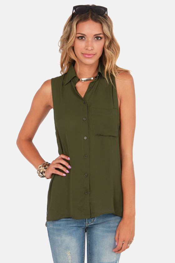 Cute Army Green Top - Tunic Top - Sleeveless Top - $39.00