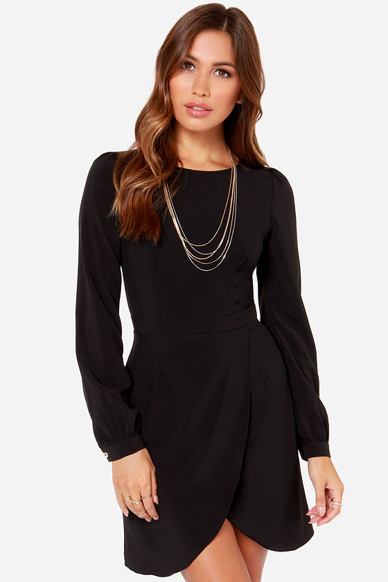 Chic Black Dress - Long Sleeve Dress - LBD - Tulip Skirt Dress ...