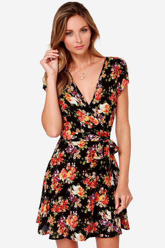 Black Dress - Wrap Dress - Floral Print Dress - $44.00