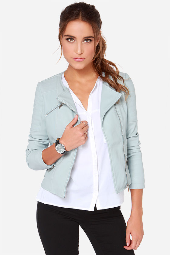 Pale blue ladies leather jacket – Modern fashion jacket photo blog