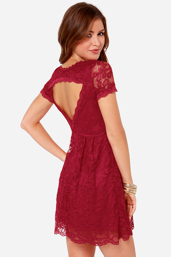 pretty wine red dress  lace dress  short sleeve dress