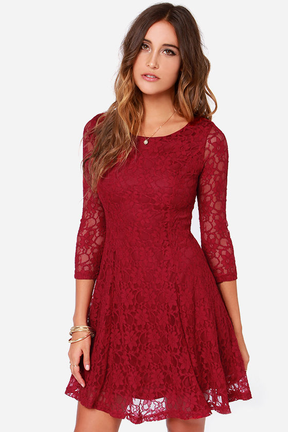 Pretty Wine Red Dress - Lace Dress - Long Sleeve Dress - $47.00