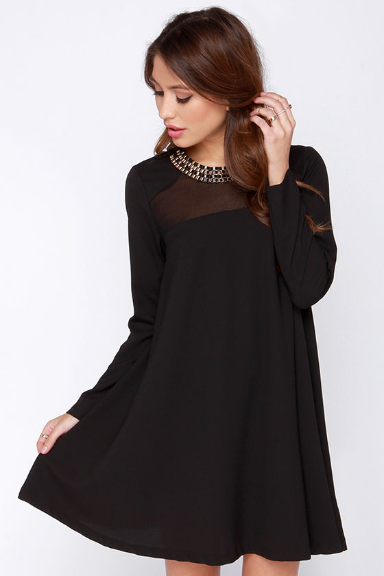 Chic Black Dress - Shift Dress - Long Sleeve Dress - $43.00