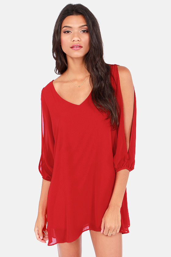 Pretty Red Dress - Shift Dress - Cold Shoulder Dress - $40.00