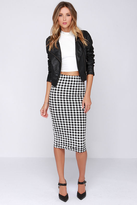 Chic Black and Ivory Skirt - Checkered Skirt - Midi Skirt ...
