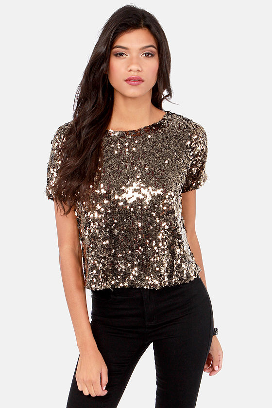Pretty Gold Top - Sequin Top - Short Sleeve Top - $63.00