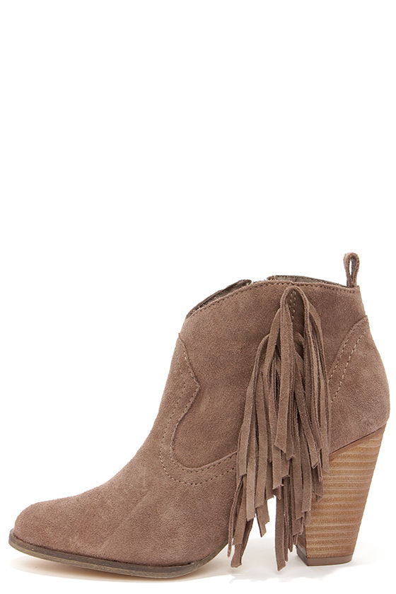 Cute Taupe Boots - Suede Boots - Fringe Boots - Ankle Boots ...