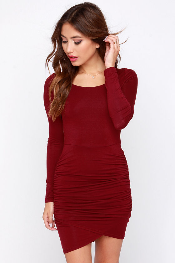 Pretty Wine Red Dress - Long Sleeve Dress - Bodycon Dress - $38.00